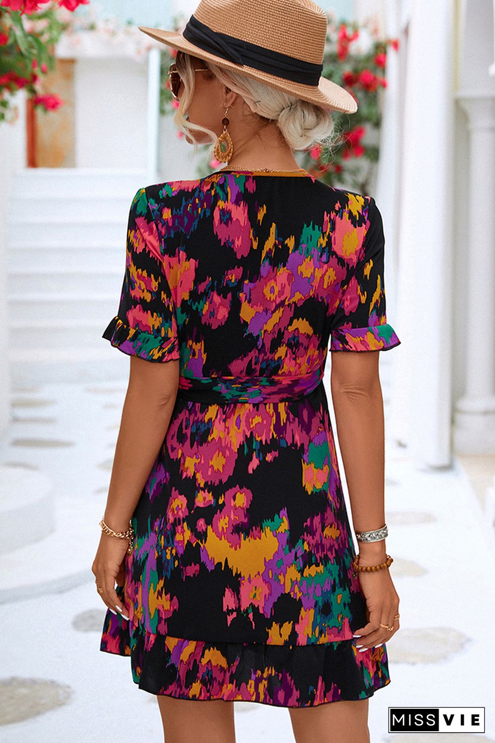 Wrap V Neck Abstract Printed Ruffles Dress