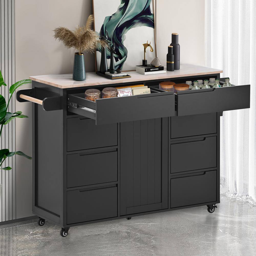 Runesay Black Rubberwood Countertop 53.1 in. W Kitchen Island Cart with 8 Handle-Free Drawers and Flatware Organizer KIBK-2282