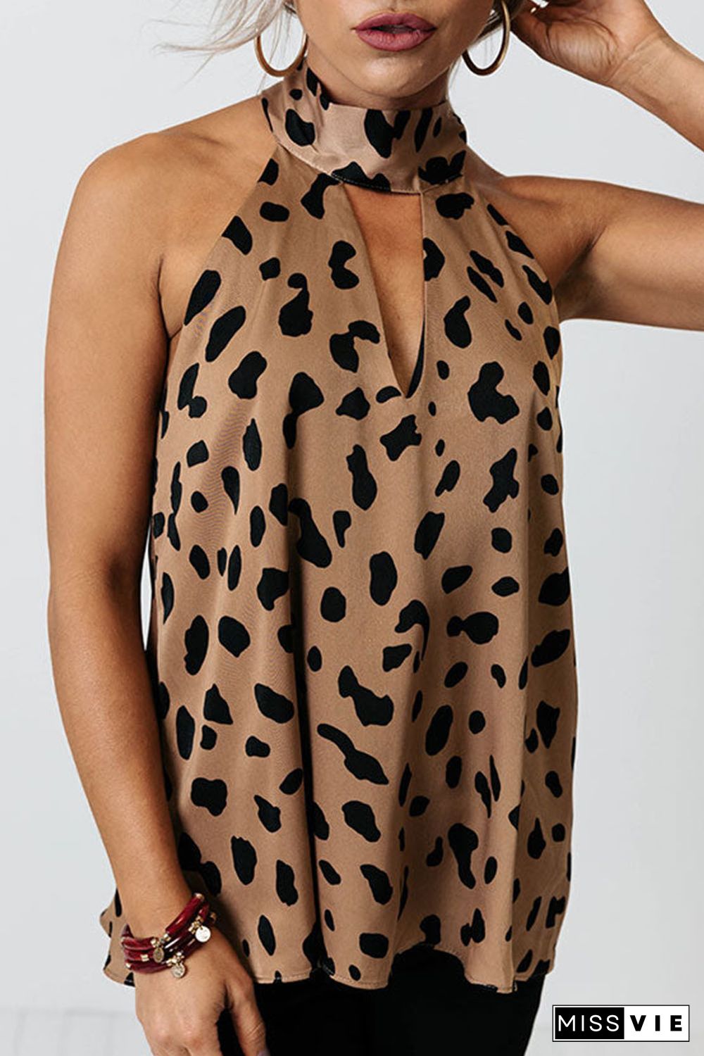 Leopard Print Keyhole Lace-up Halter Open Back Tank Top