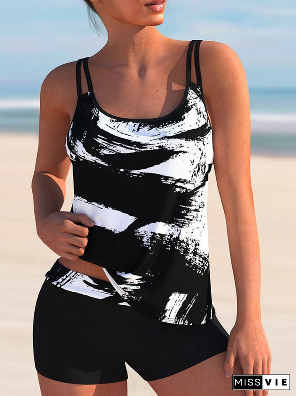 Plus Size Swimwear Sleeveless Bright Striped Tankini