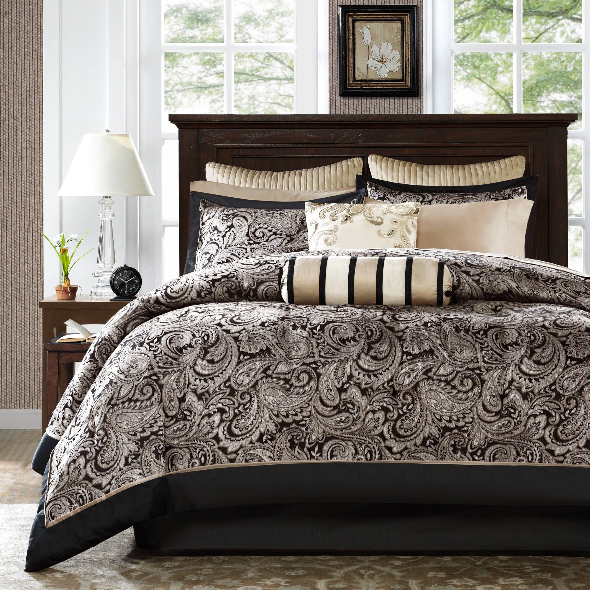 Home Essence Whitman Woven Jacquard 12-Piece Comforter Set， Poly Filled， Black， Full