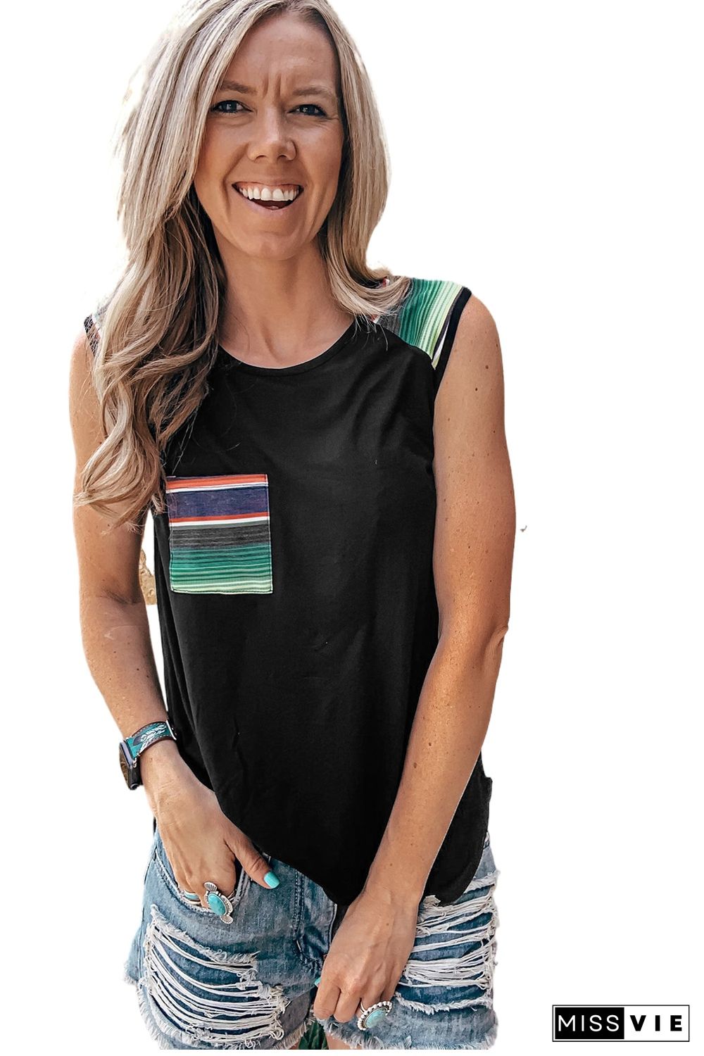 Black Aztec Pocket Shoulder Tank Top