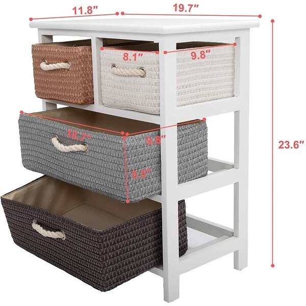 3-Layer Wood Nightstand， Storage Table with 4 Woven Basket - - 34460001