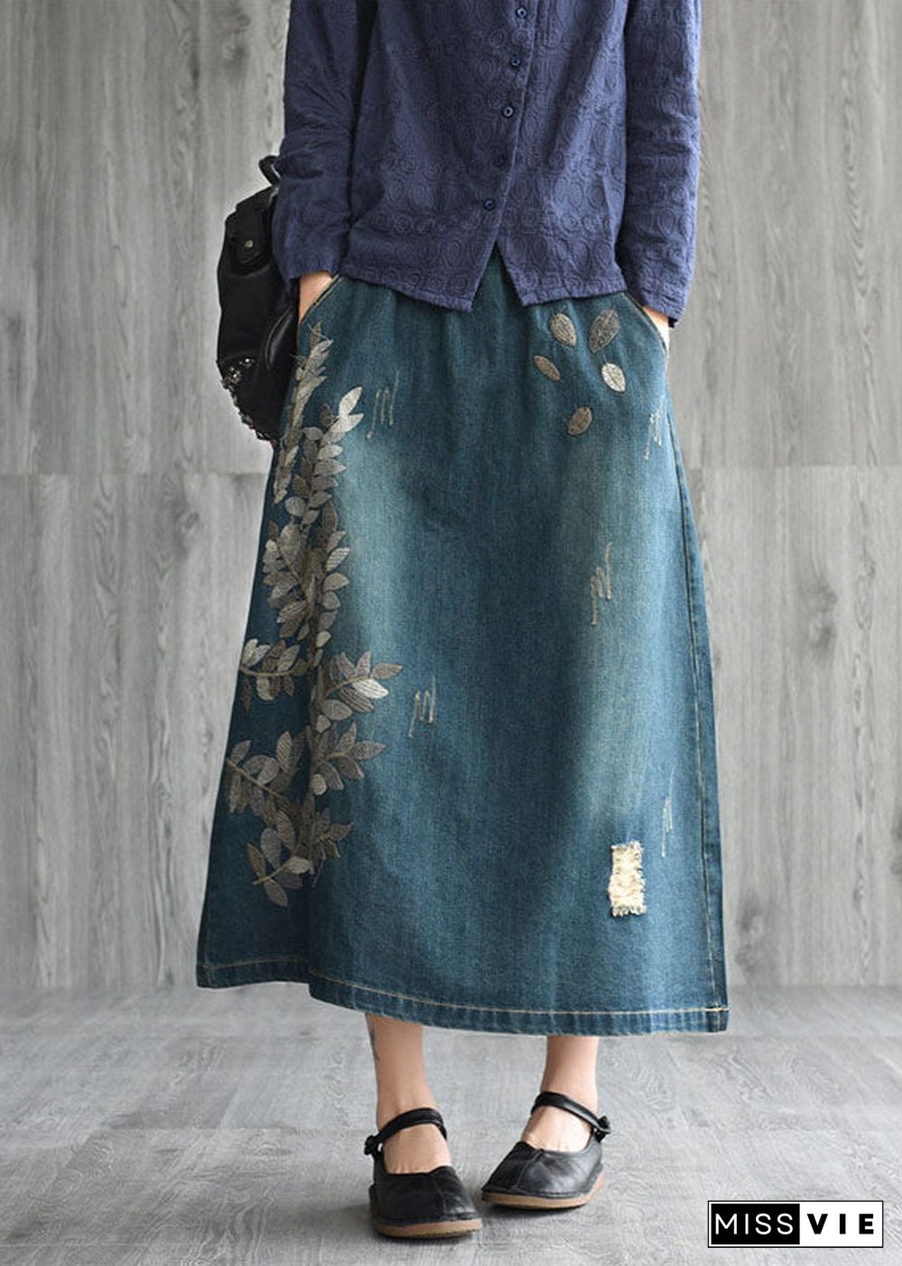 Unique Navy Patchwork Embroideried Denim Skirt Spring