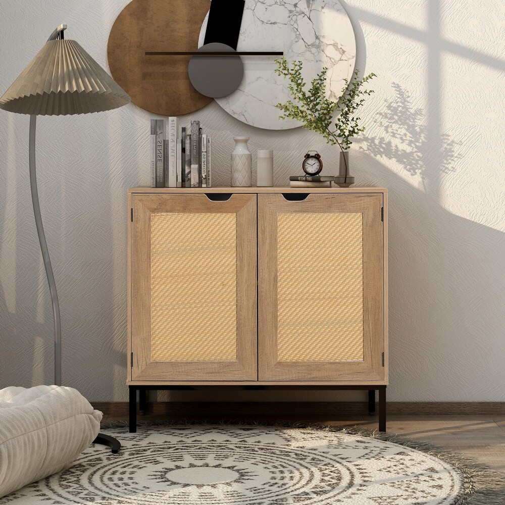 Rustic Accent Storage Cabinet with 2 Rattan Doors Mid Century Natural Wood Sideboard