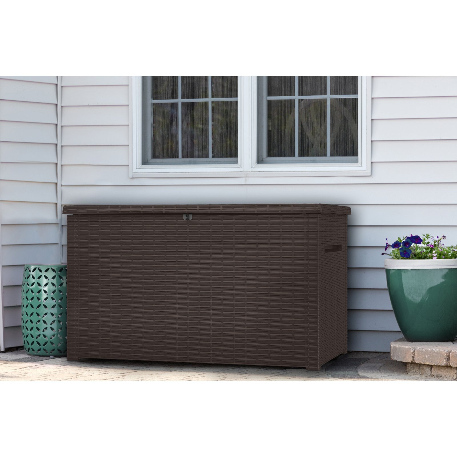 Keter Java Extra Large Rattan Style 230 Gallon Plastic, Resin and Wicker Deck Box, Espresso Brown