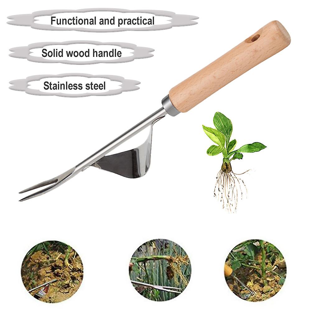 Silver Garden Hand Weeder Stainless Steel Premium Gardening Tool For Weeding Wood Handle For Home Gardens Small Gardens And Lawns