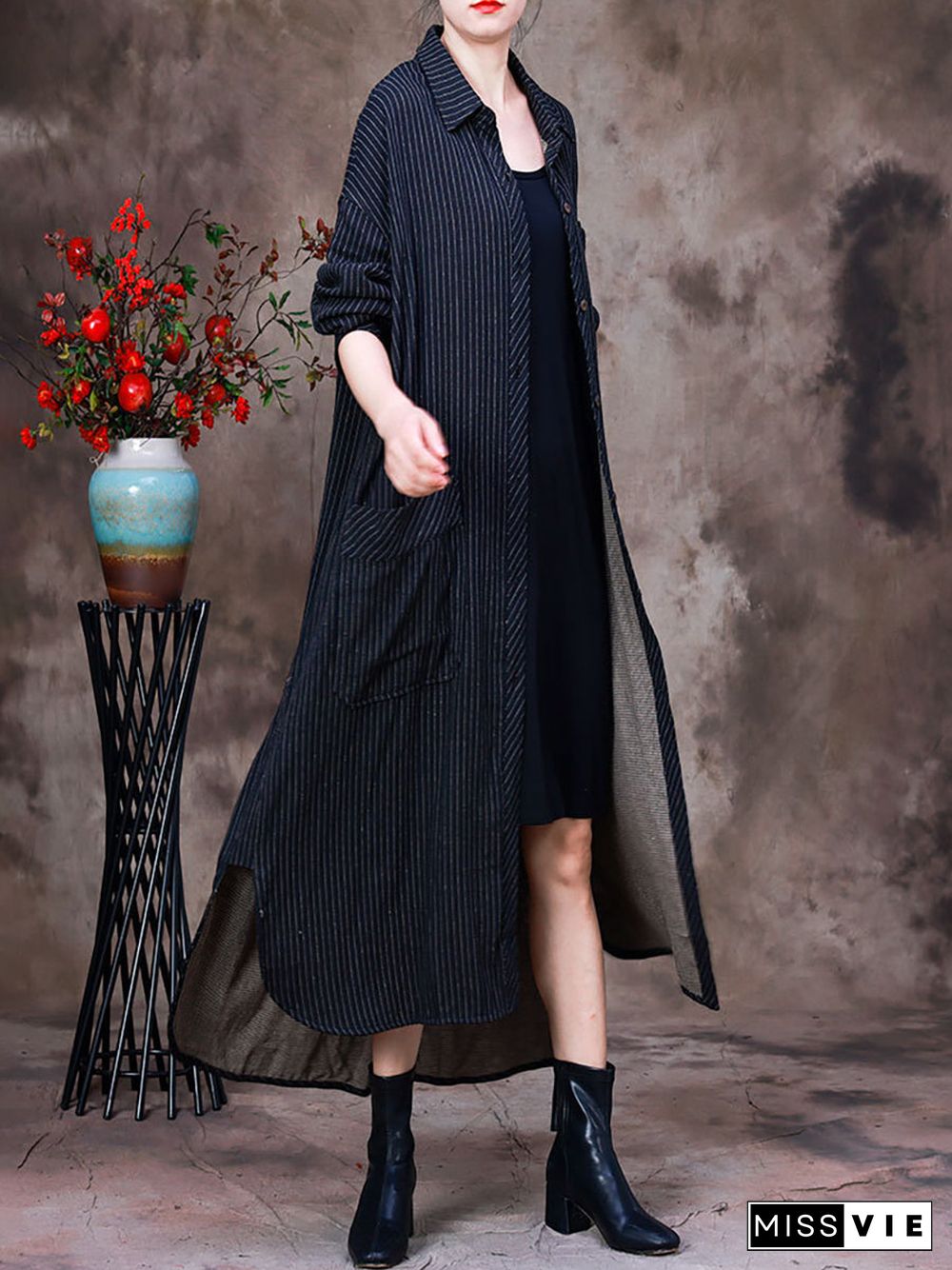 Plus-Size Women Cotton Striped Irregular Long Jacket