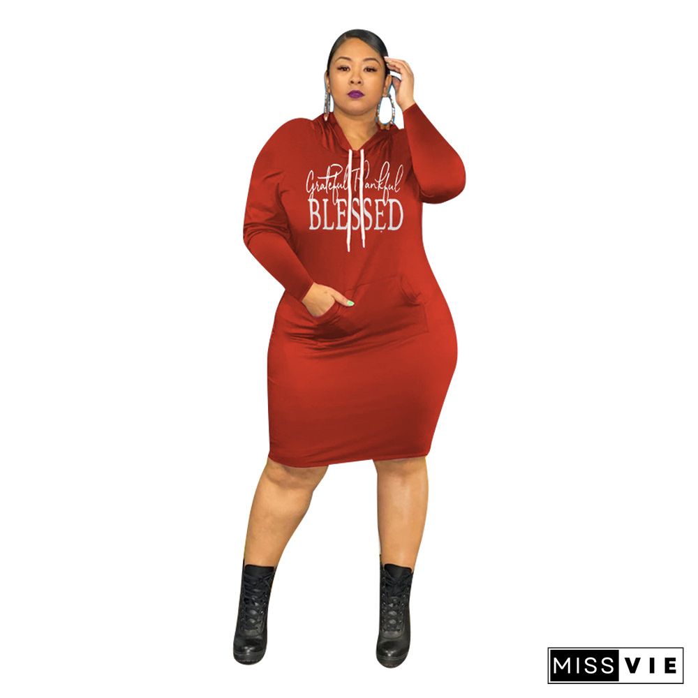 Letter Print Long Sleeve Hooded Plus Size Dress