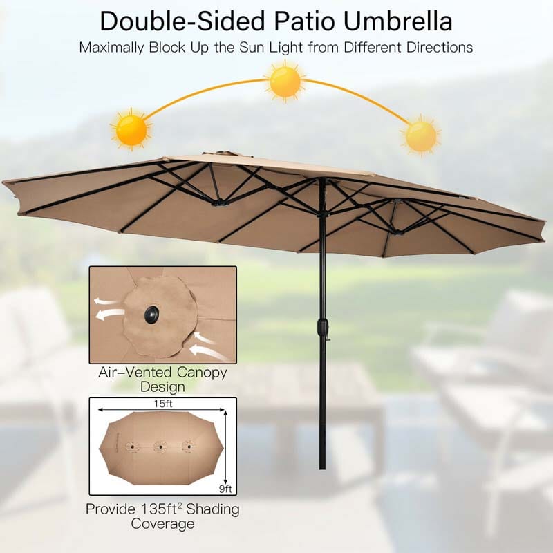 15FT Double-Sided Twin Patio Umbrella with Base & Crank System, Extra-Large Cantilever Market Umbrella