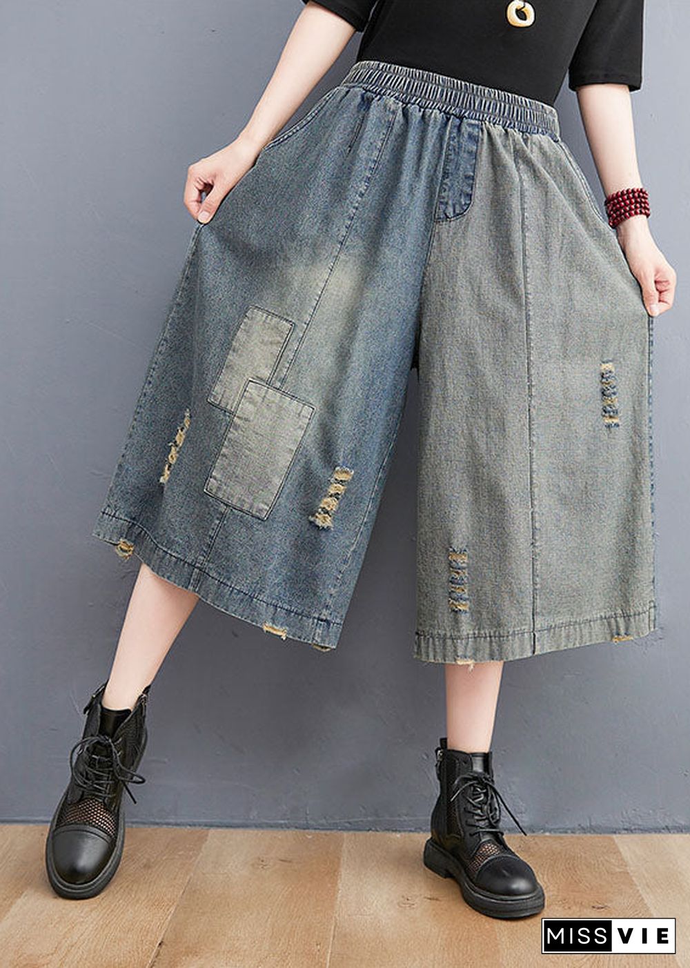 Simple Denim Blue Elastic Waist Hole Applique Cotton Straight Pants Trousers Summer