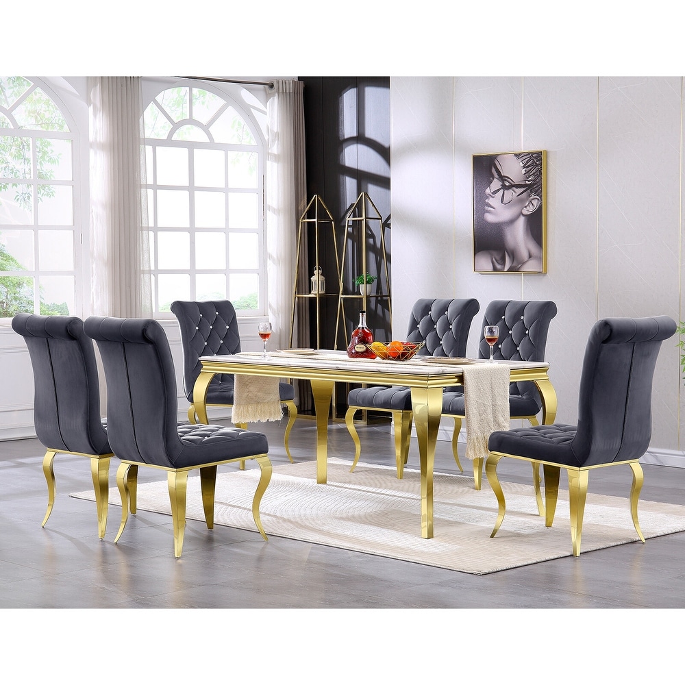 Luxury Gray Velvet Tufted Upholstered Dining Chairs with Polished Gold Cabriole Legs