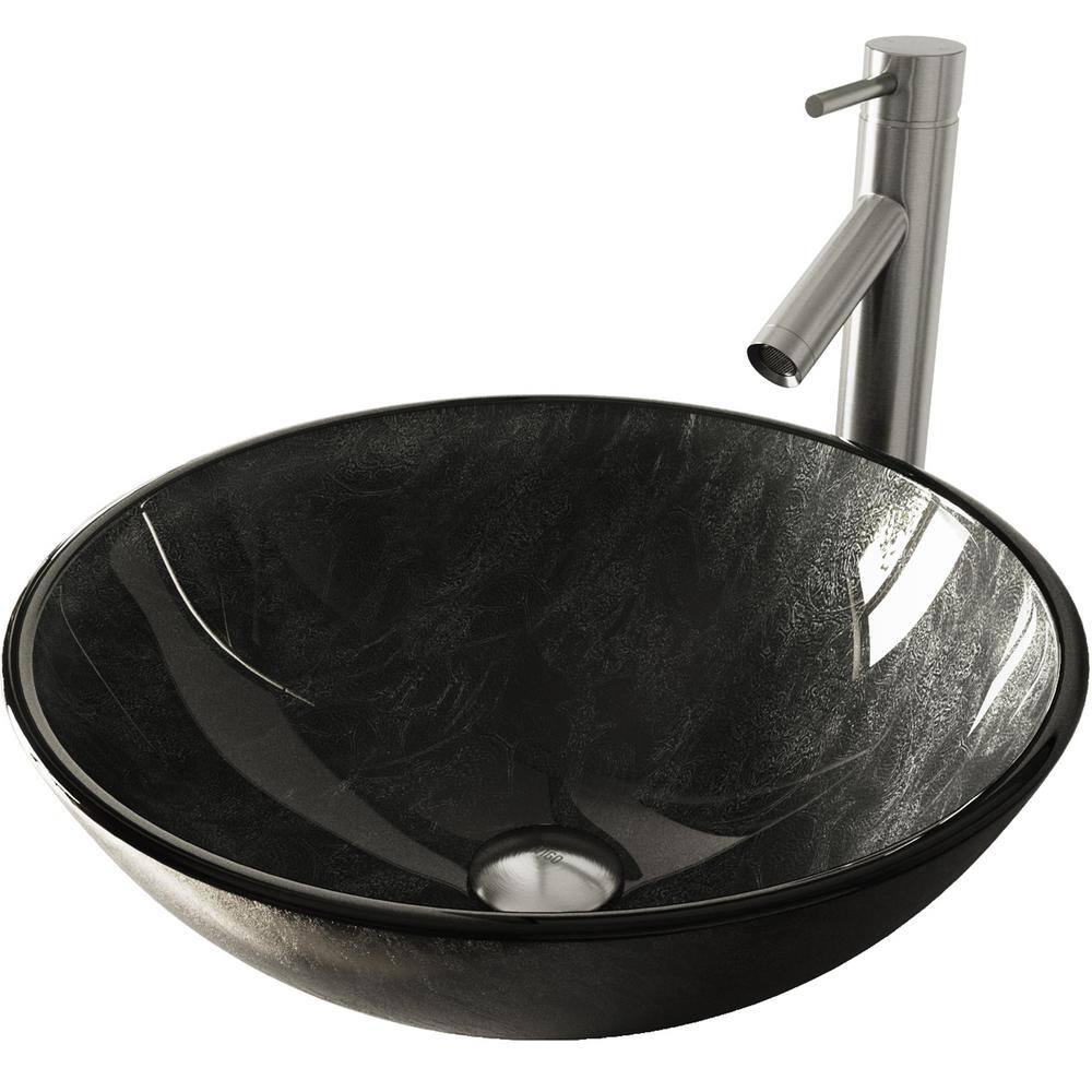 VIGO Gray Onyx Glass Round Vessel Bathroom Sink with Dior Faucet and Pop-Up Drain in Brushed Nickel VGT570