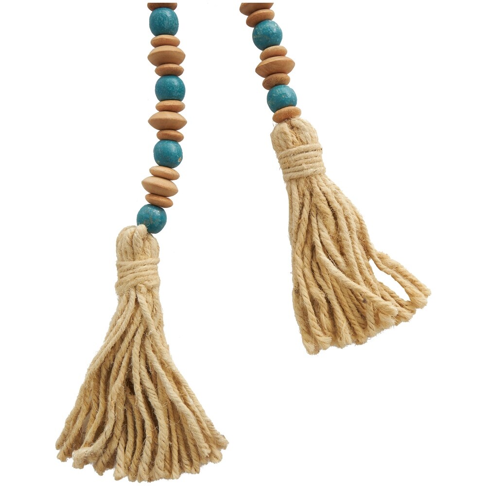 Teal Mango Wood Handmade Round Long Carved Beaded Garland with Tassel with Brown Beaded Disks