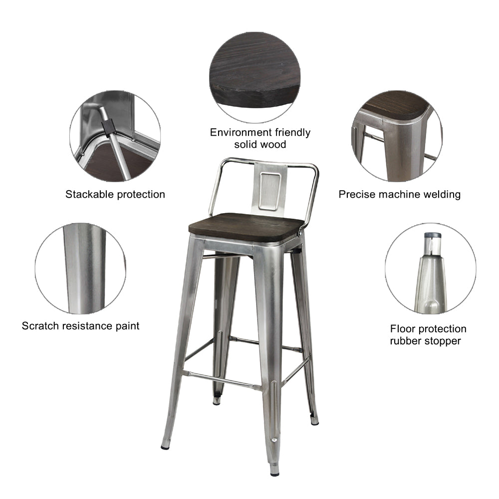 GIA Design Group 30 Inch Bar Height Middle Back Metal Stool with Dark Wooden Seat， Gunmetal