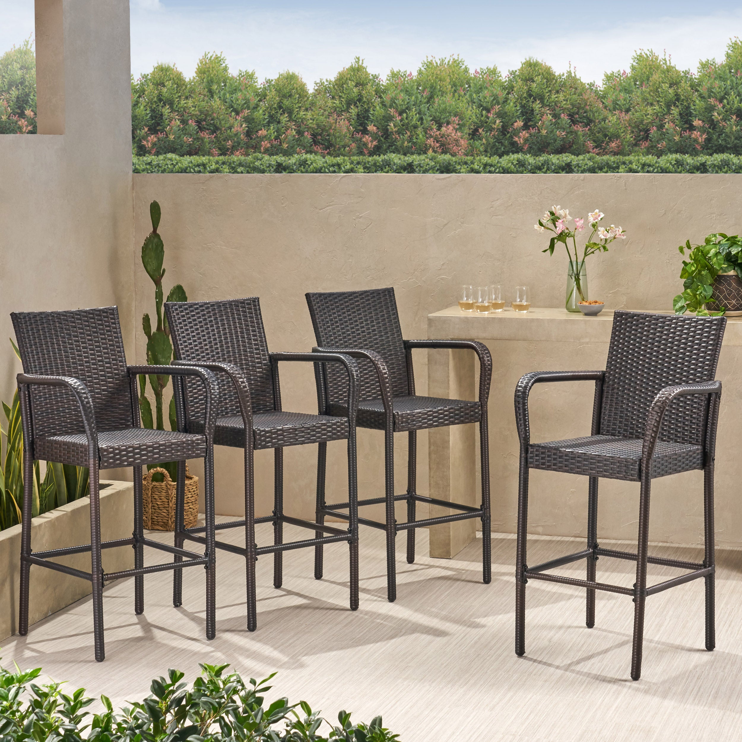 Stewart 30-Inch Outdoor Brown Wicker Barstool (Set of 4)