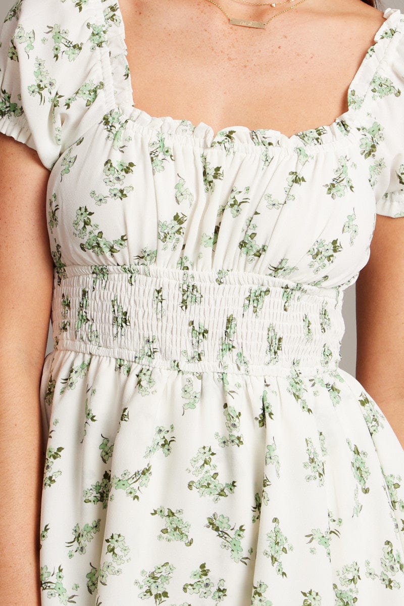 Green Floral Ruffle Playsuit Short Sleeve Ruched Bust