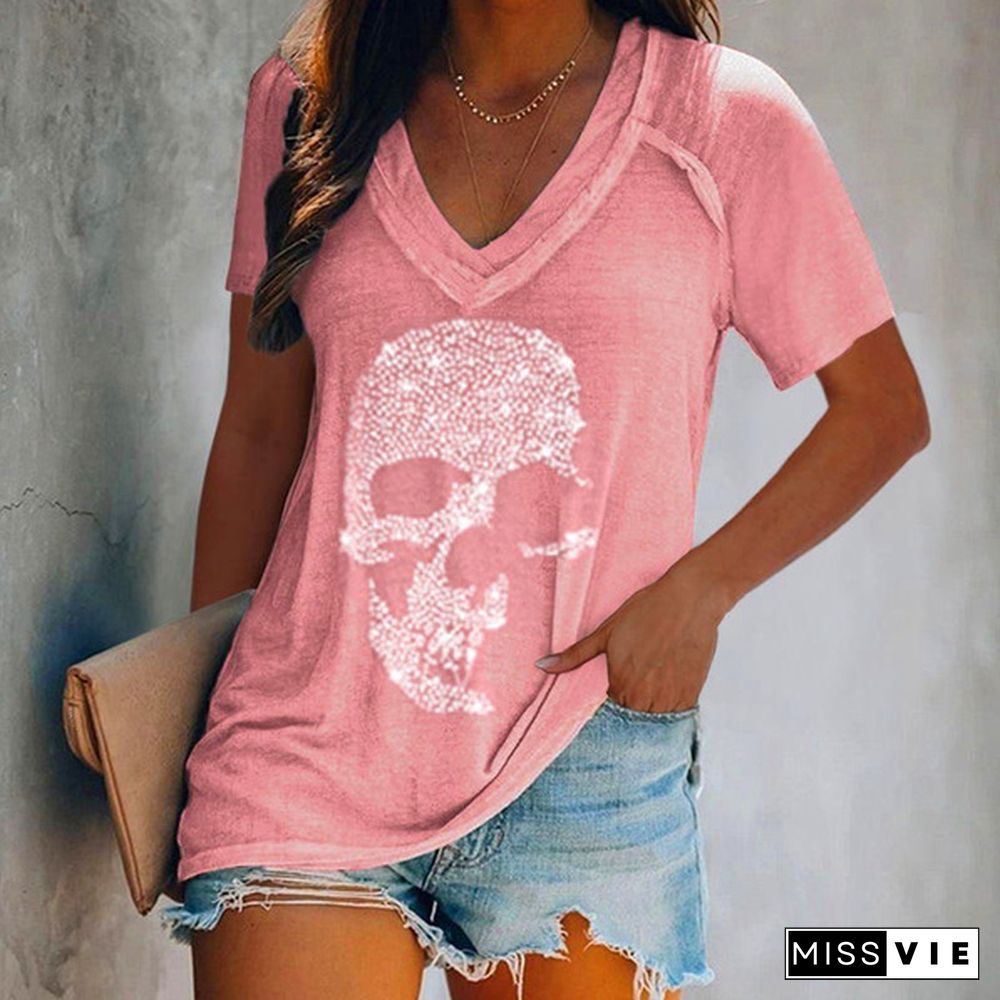 XS-5XL Plus Size Fashion Women Summer Casual Tops Short Sleeved T-shirts Deep V-neck Skull Printed Blouse Ladies Loose Shirts