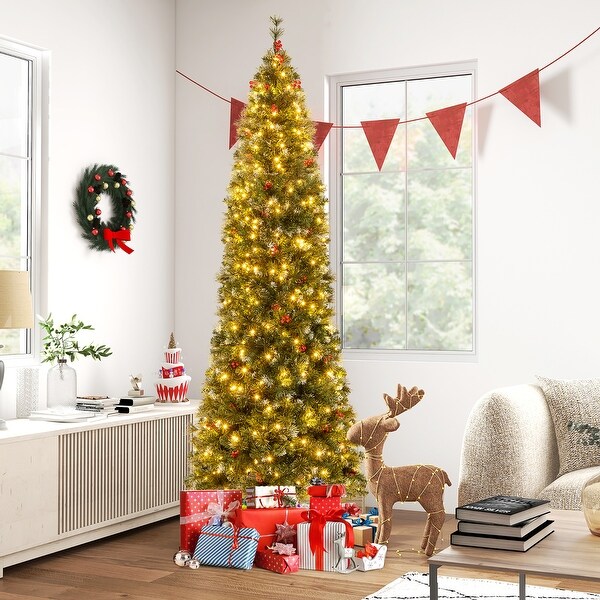 Gymax 5/6/7/8/9 FT PreLit Artificial Christmas Tree Hinged Slim