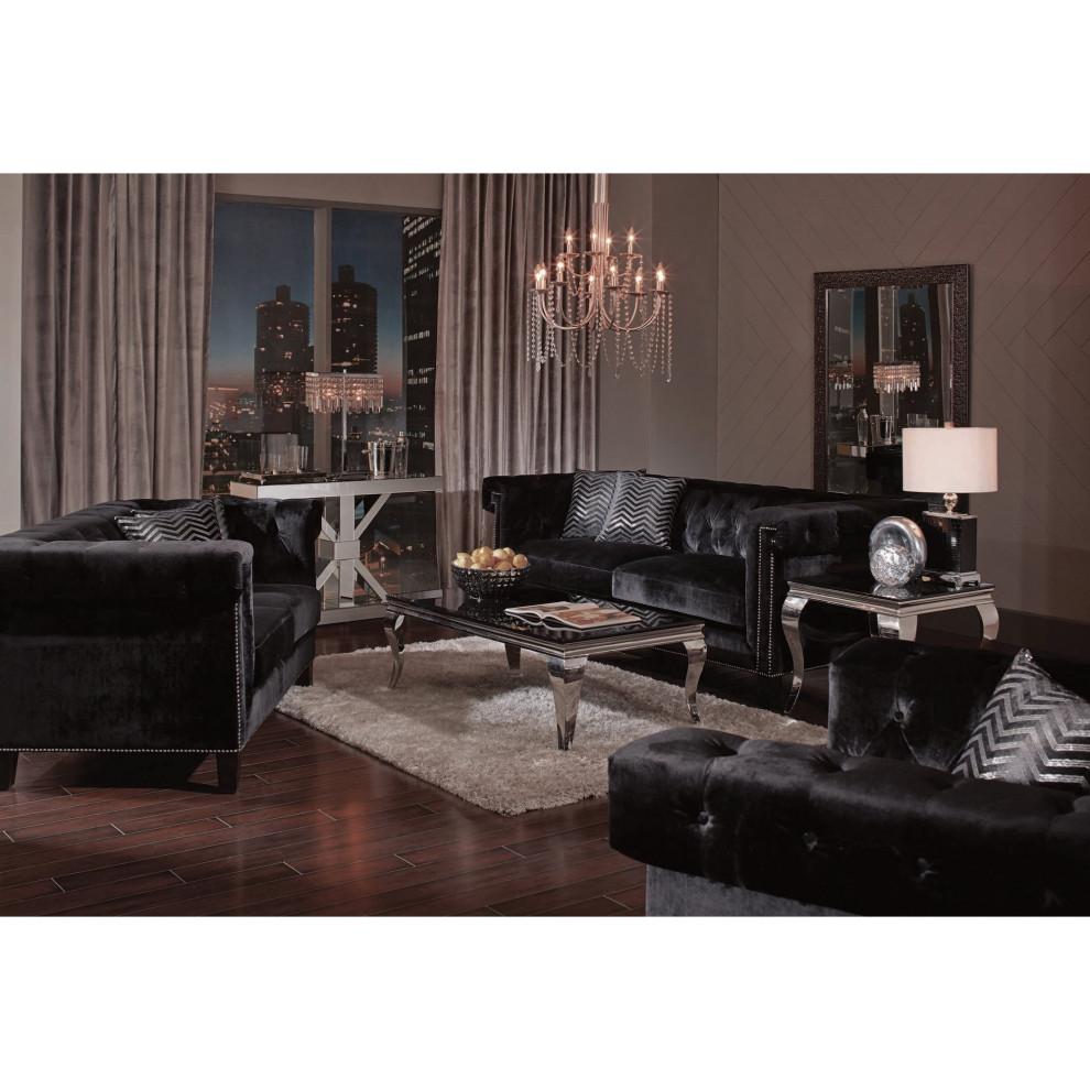 Contemporary Sofa  Black Velvet Seat With Button Tufted Back  ampNailhead Trim   Transitional   Sofas   by Decorn  Houzz