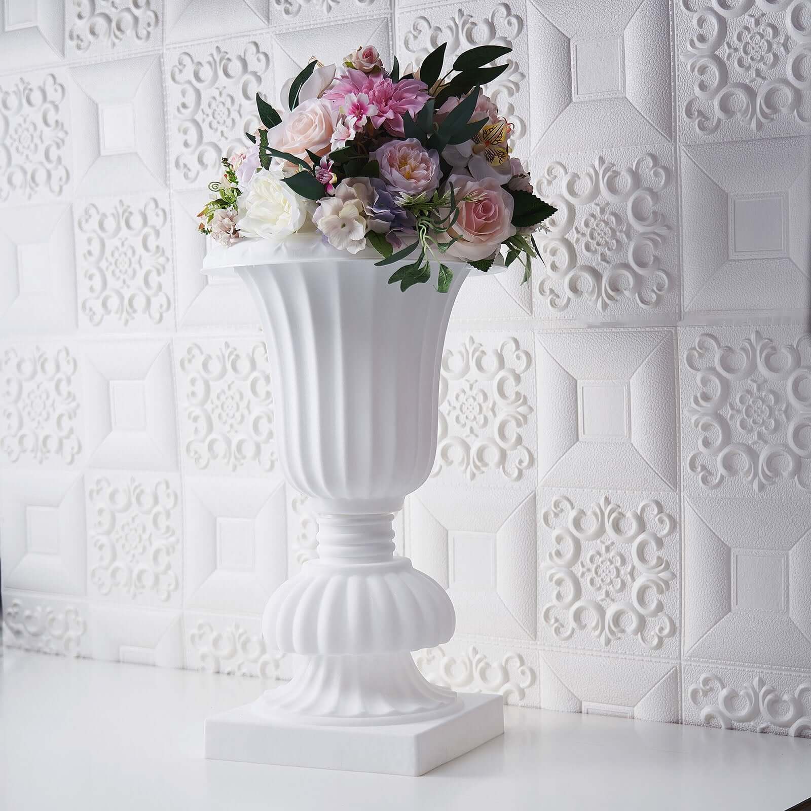 2 Pack White Urn Planter, Floral Pedestal Flower Pot Plant Stand - PVC 20