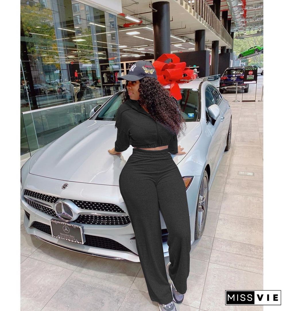 Solid Color Hooded Crop Top Wide Leg Pants Tracksuit