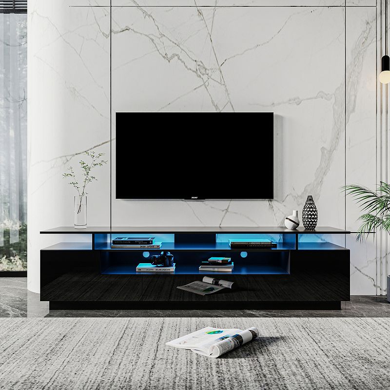 FC Design Modern Black TV Stand， 20 Colors LED TV Stand w/Remote Control Lights