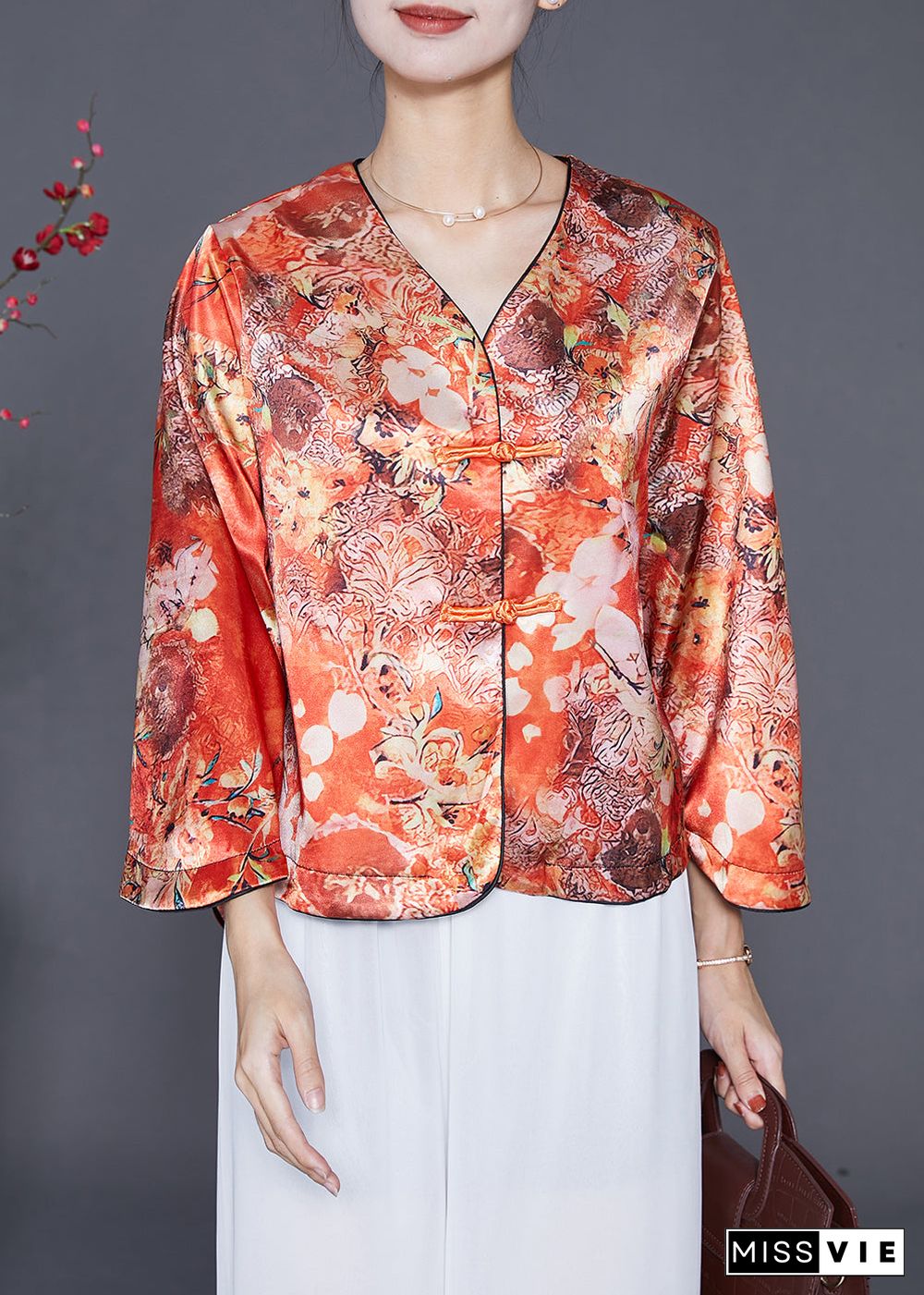 Chic Orange Chinese Button Print Silk Shirts Bracelet Sleeve