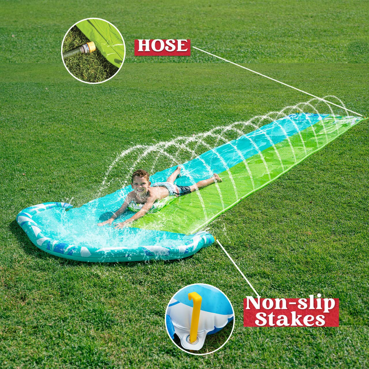 20ft x 62in Water Slip Water Slide with 2 pcs Bodyboards, Summer Toy with Build in Sprinkler for Backyard and Outdoor Water Toys Play