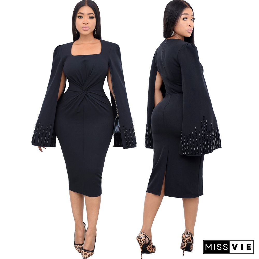 Elegant Beading Cape Sleeve Bodycon Midi Dress