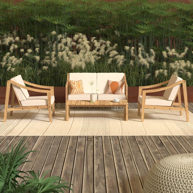 Saracina Home 4pc Mid century Modern Slatted Acacia Wood Outdoor Patio Conversation Furniture Set With Back Cushions