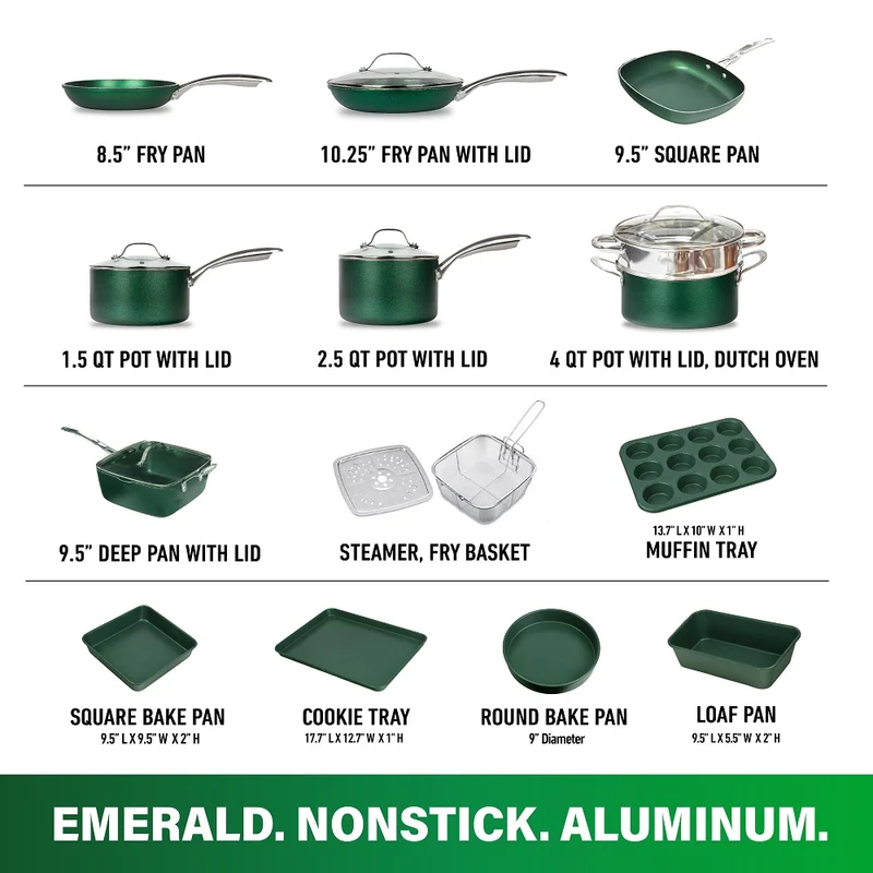 GRANITESTONE Emerald Green 20-Piece Aluminum Ultra-Durable Triple Layer Non-Stick Cookware and Bakeware Set