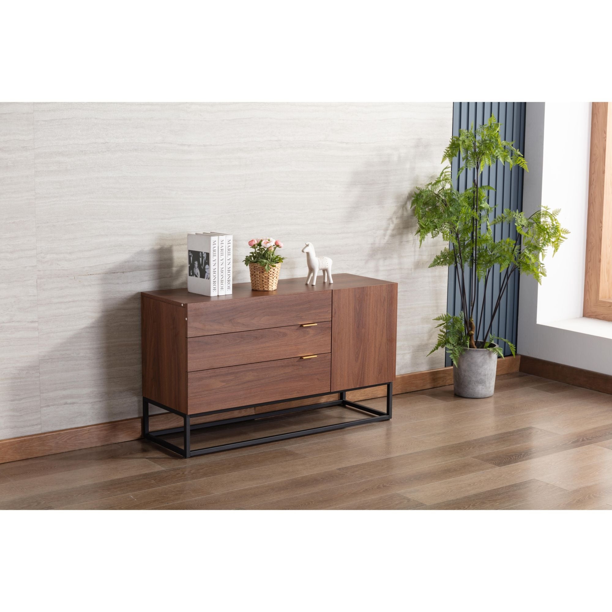 Particle Board Console Table with 3 Drawers in Walnut Brown