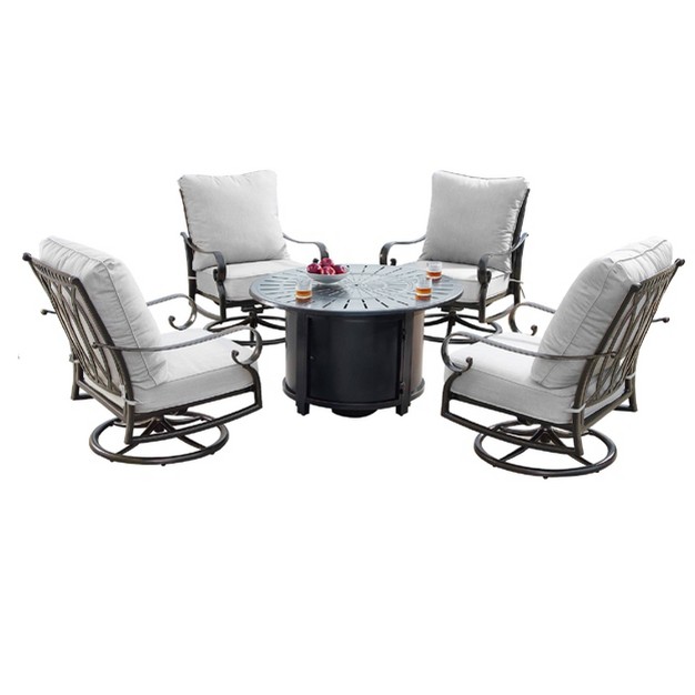 Round Aluminum Fire Table Set With 4 Swivel Rocking Chairs amp Wind Blocker Lid Oakland Living