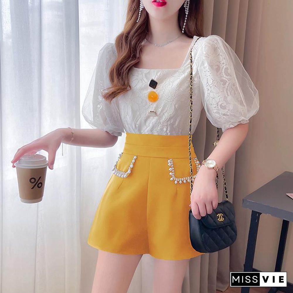 Puff Sleeve Lace Tee+Shorts P14297