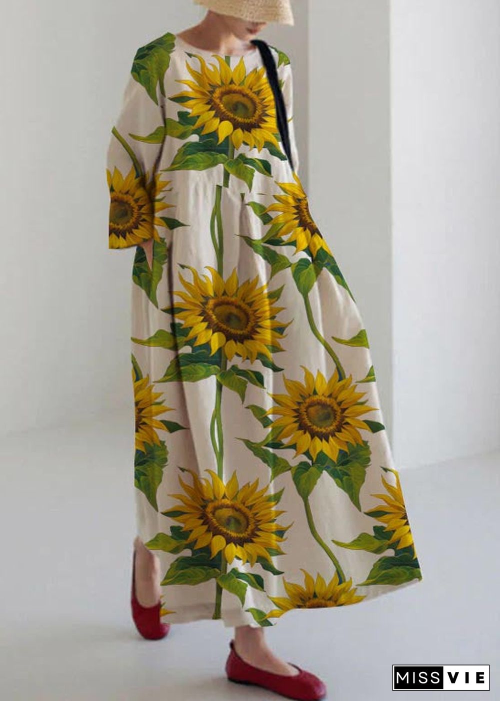 Apricot-sunflower Cotton Dresses Pockets Patchwork Spring