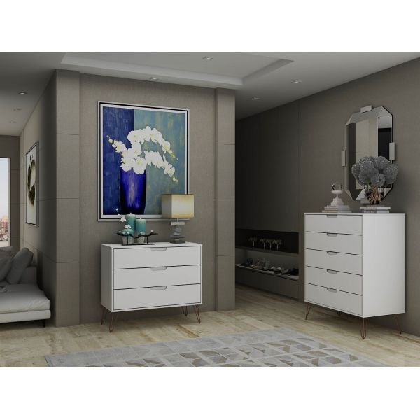 Rockefeller Tall 5-Drawer Dresser and Standard 3-Drawer Dresser in White