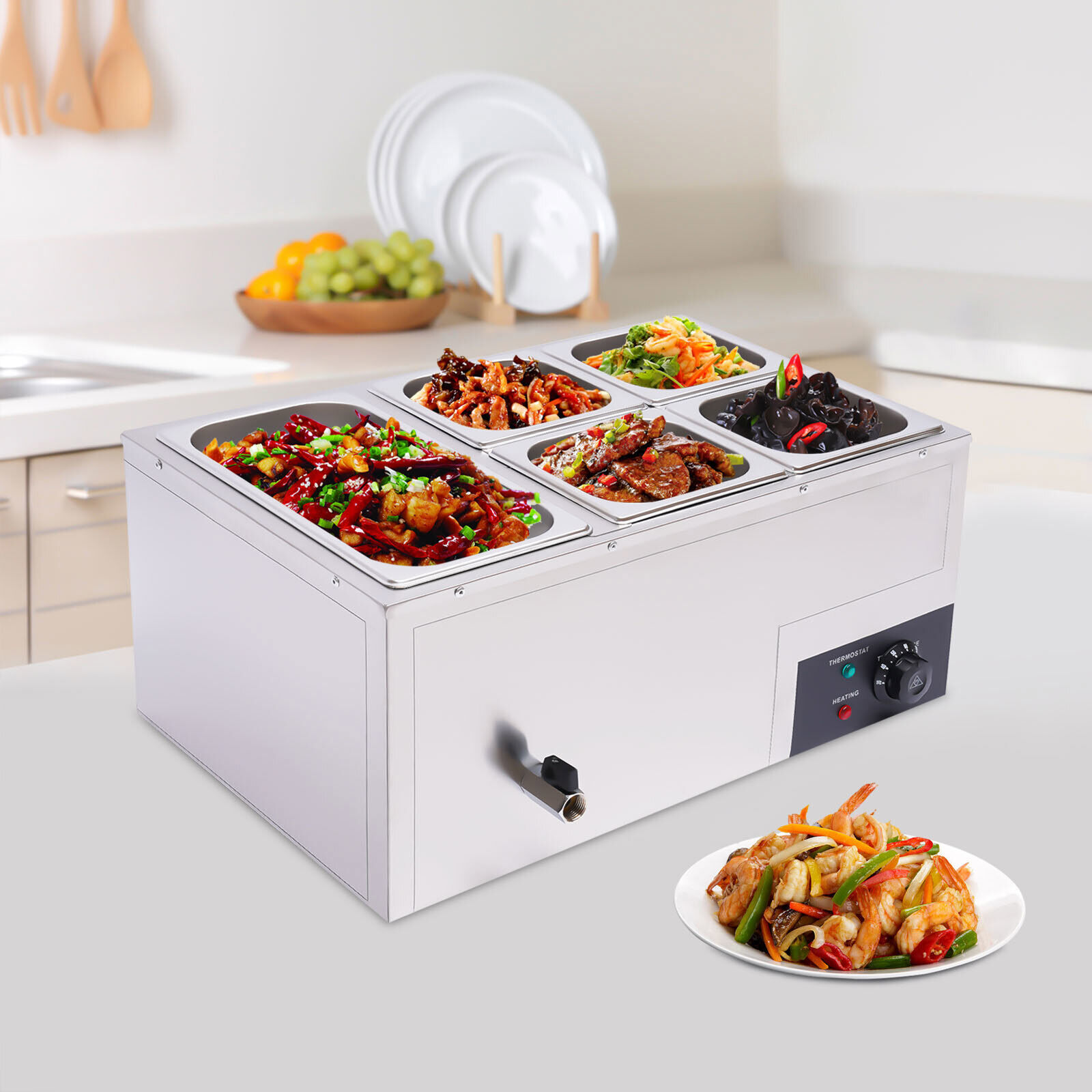 Commercial Food Warmer with 5-Pan Stainless Steel Steam Table Energy-efficient Electric Food Warmer with Lid Heat Retention and Large Capacity for Restaurant Food Warmer Electric Food Warmer