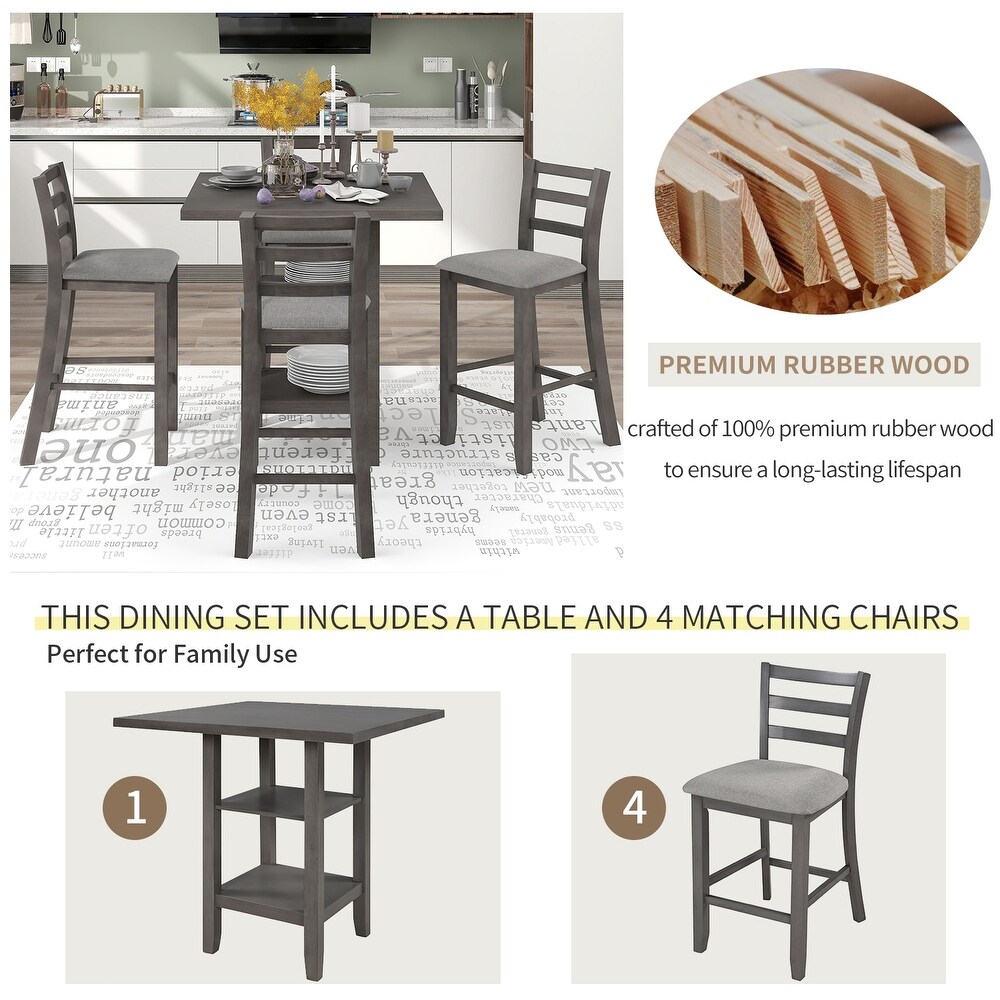 5 Piece Wooden Counter Height Dining Set with Square Table w/Storage Shelving and Ladder Back Padded Chairs  for Dining Room