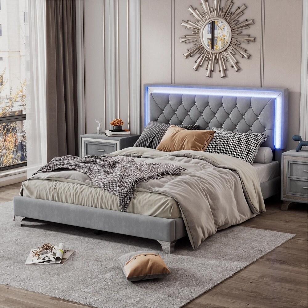 Queen Size Upholstered Bed Frame Modern Velvet Platform Bed with Crystal Tufted Headboard and LED Lights