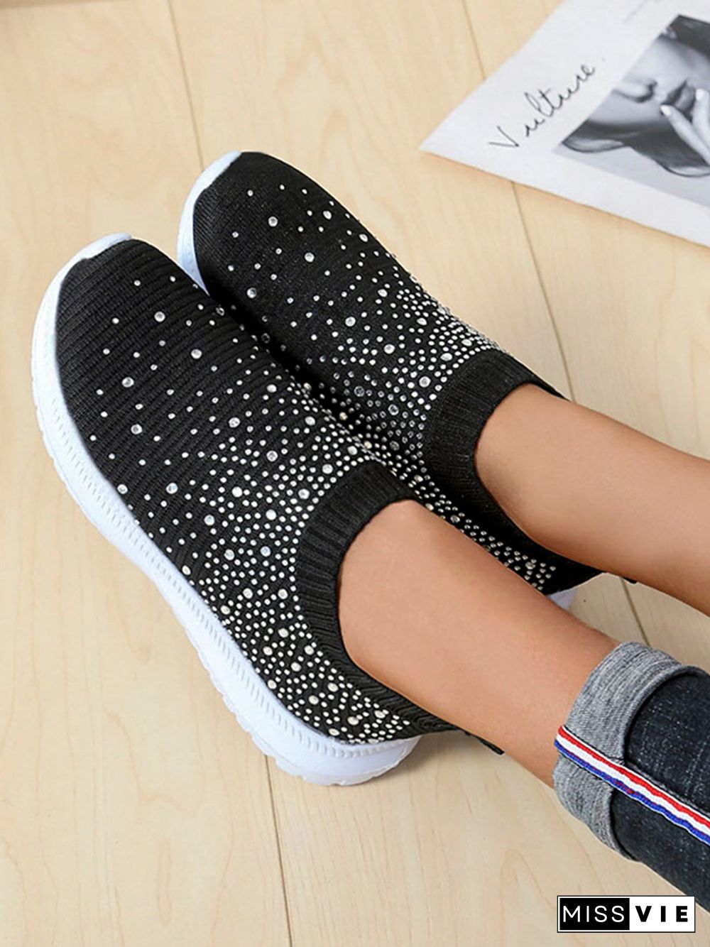 Rhinestone Design Portable Overfoot Lightweight Flyknit Sneakers