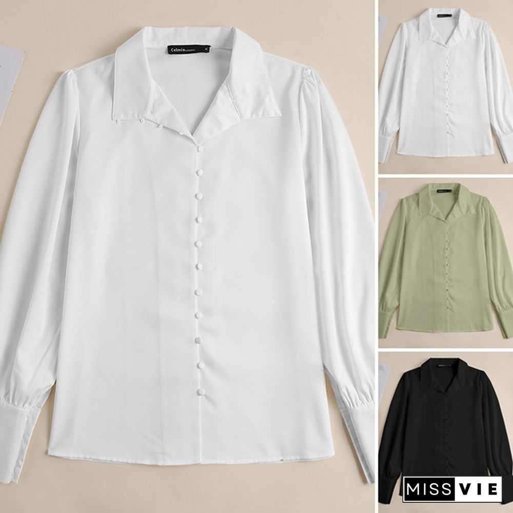 Spring Autumn Women Long Sleeve Blouse Lapel Collar OL Elegant Casual Office Shirt Plus Size Tops