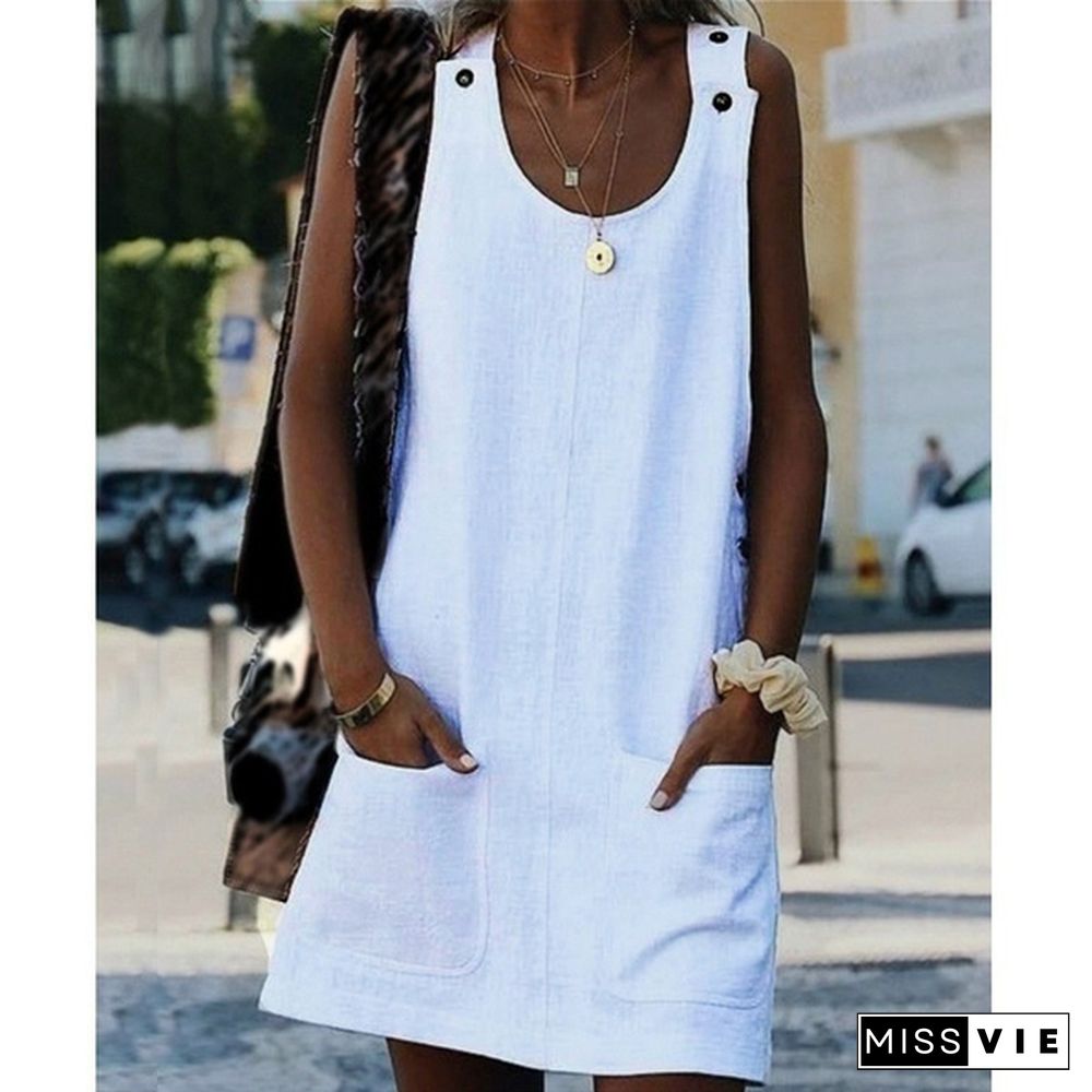 New Women's Fashion Summer O-Neck Sleeveless Tank Dress Casual Solid Color Pockets Strap Dress Cotton Linen Off Shoulder Beach Skirt Plus Size Loose A-Line Dresses Ladies Fashion Mini Dress Sundress