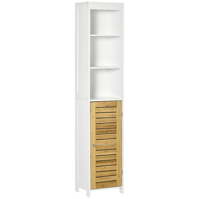 kleankin Tall Bathroom Storage Cabinet， Free Standing Bathroom Cabinet Slim Side Organizer w/ 3-Tier Open Shelf，  Door， White