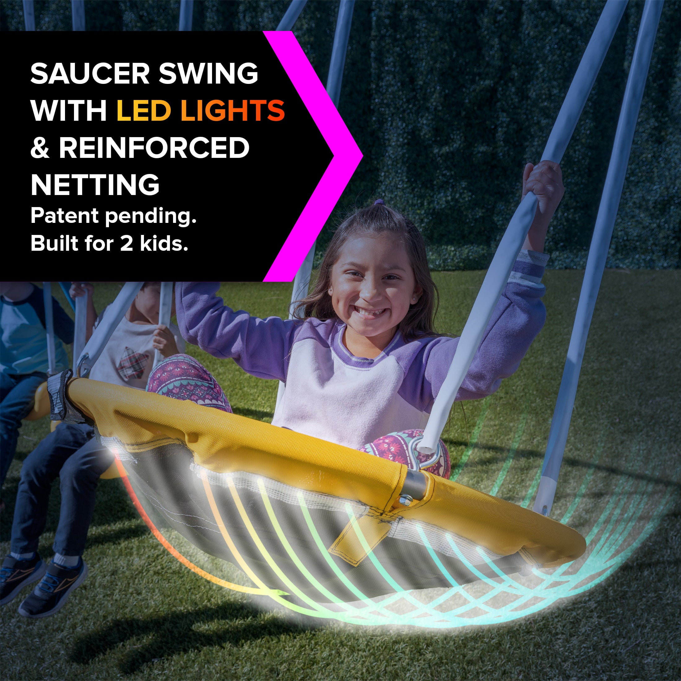 Sportspower Comet Metal Swing Set with LED Light up Saucer Swing， 2 Swings and 5ft slide