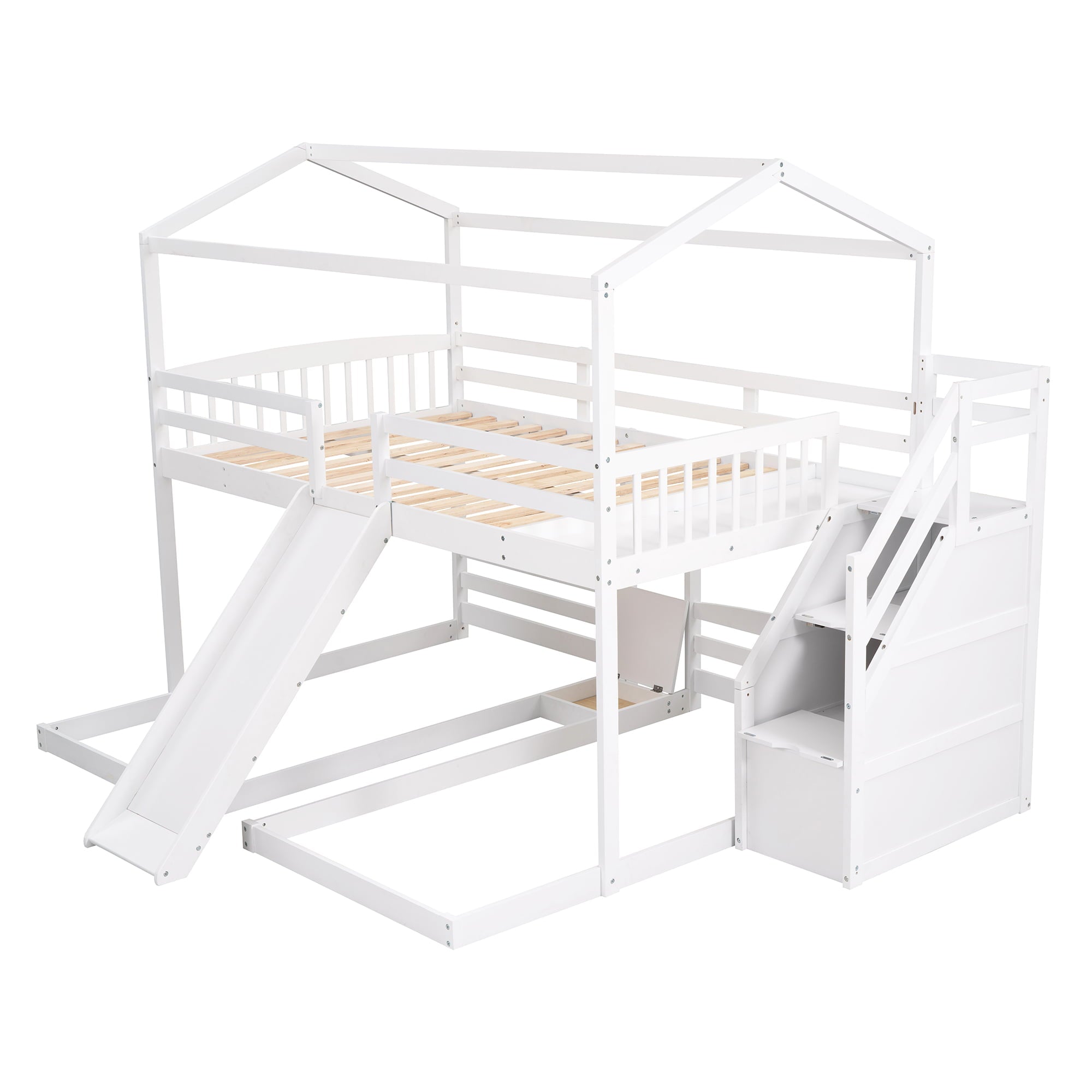 EUROCO Full over Twin & Twin Bunk Bed with Slide and Shelf for Kids, White