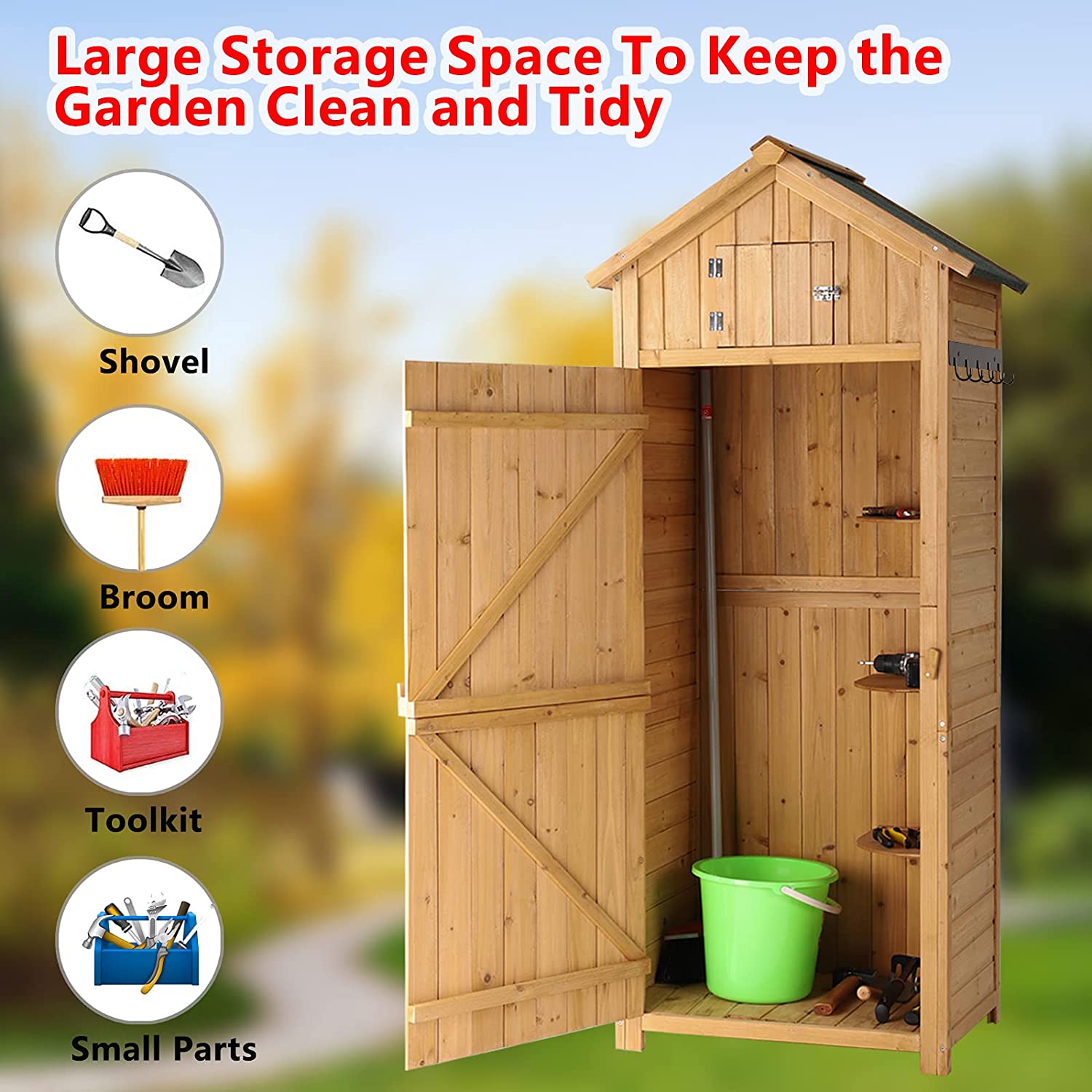 LVUYOYO Garden Storage Shed - Outdoor Wooden Tool Storage Cabinet - Arrow Tool Shed Organizer Fir Wood Lockers for Home, Lawn, Yard