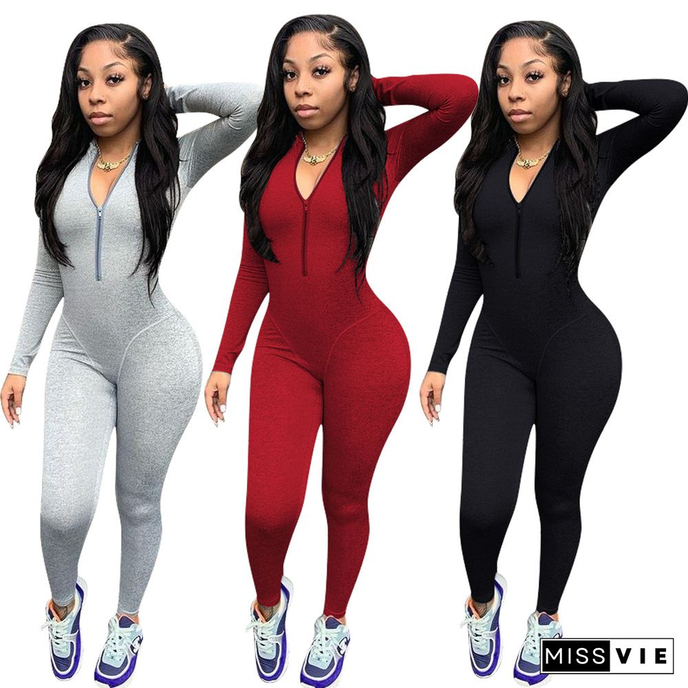 Solid Long Sleeve Zipper Front Bodycon Jumpsuit