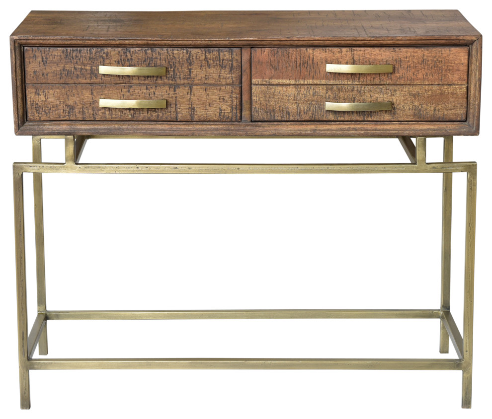 Goldbust Solid Wood Console Table in Natural with Brass Finished Iron Base   Contemporary   Console Tables   by HedgeApple  Houzz