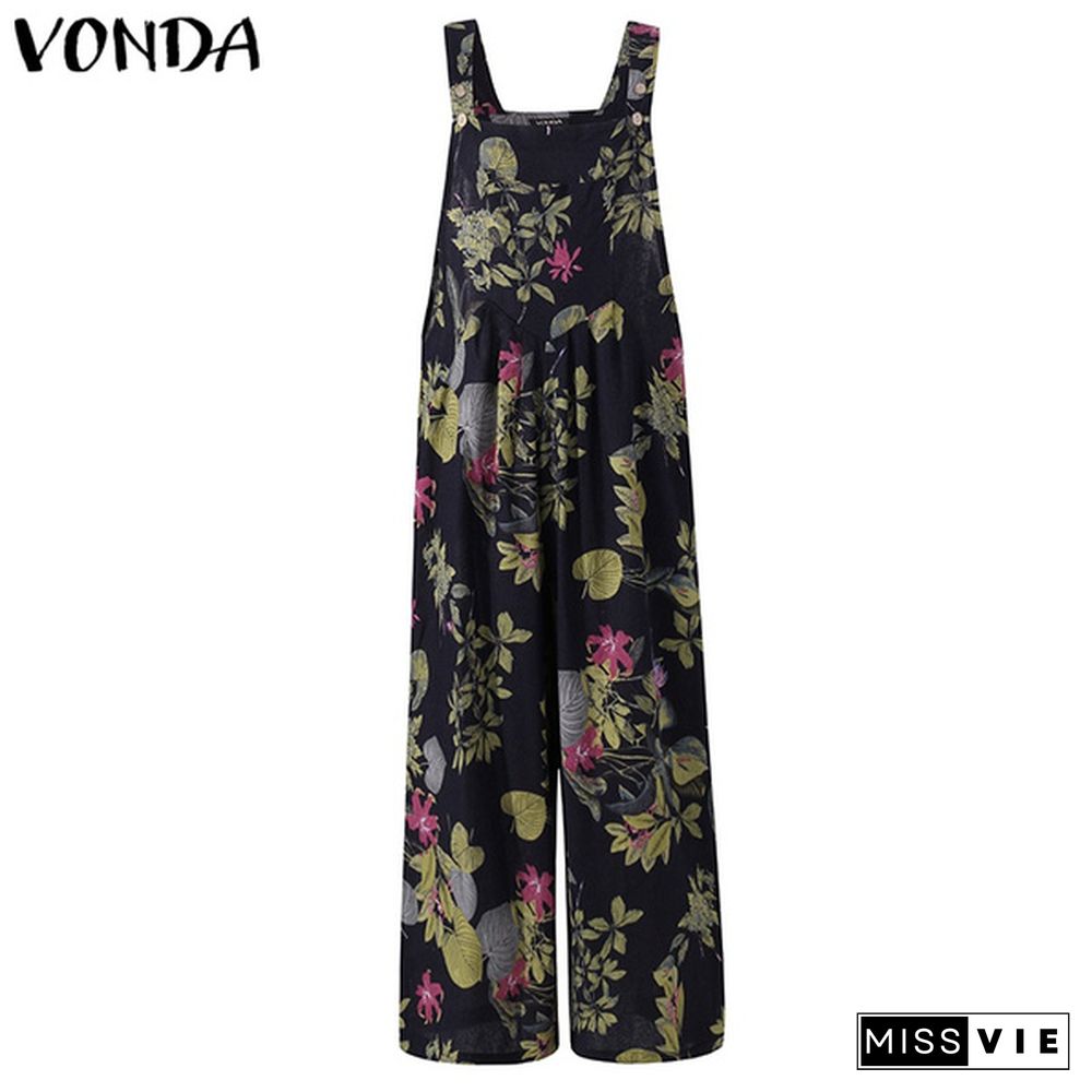 VONDA Women Floral Print Wide Leg Bib Overalls Long Trousers Summer Sleeveless Cotton Jumpsuits Rompers Plus Size Pantalon femme